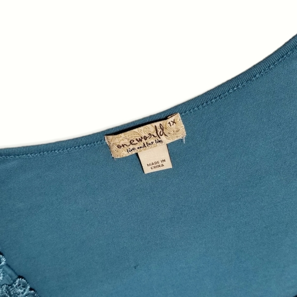 NWT One World Teal Lace Appliqué Top 1X Boho Cottagecore Ruched Butterfly Sleeve - Picture 9 of 11